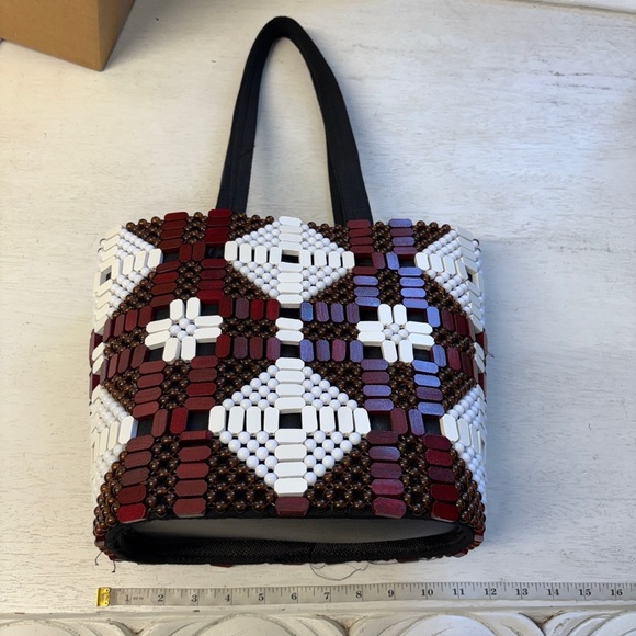 African Beaded Structured Handbag Red White Black - Picture 4 of 11